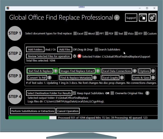 Main computer screen for global office find and replace